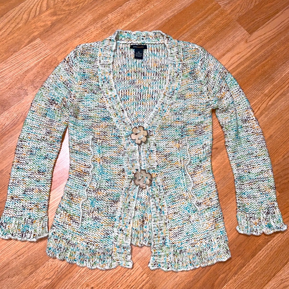 BCBGMaxAzria Cream Multicolor Knit Cardigan with Flower Buttons